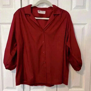 Vintage Carefree Fashions Burgundy Blouse Button Down 3/4 Sleeve Made in USA